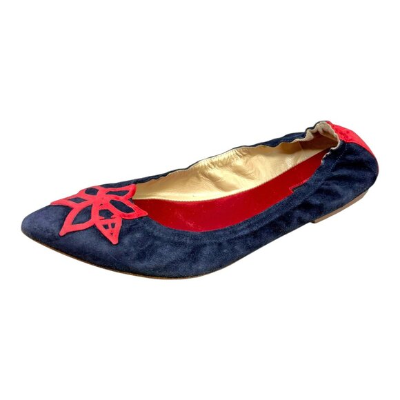 CAROLINA HERRERA Navy Blue Suede with Red Leather Pointy Ballet Flats - Picture 5 of 11